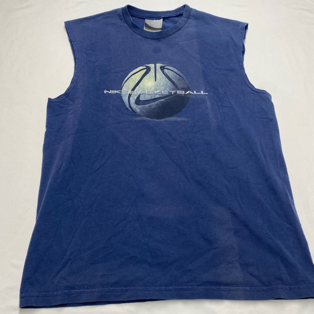 Vintage Nike Basketball Muscle Tee Blue Graphic Sleeveless Shirt USA Made Large